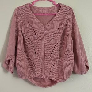 Women’s Pink V-Neck Cropped Batwing Sleeve Sweater
